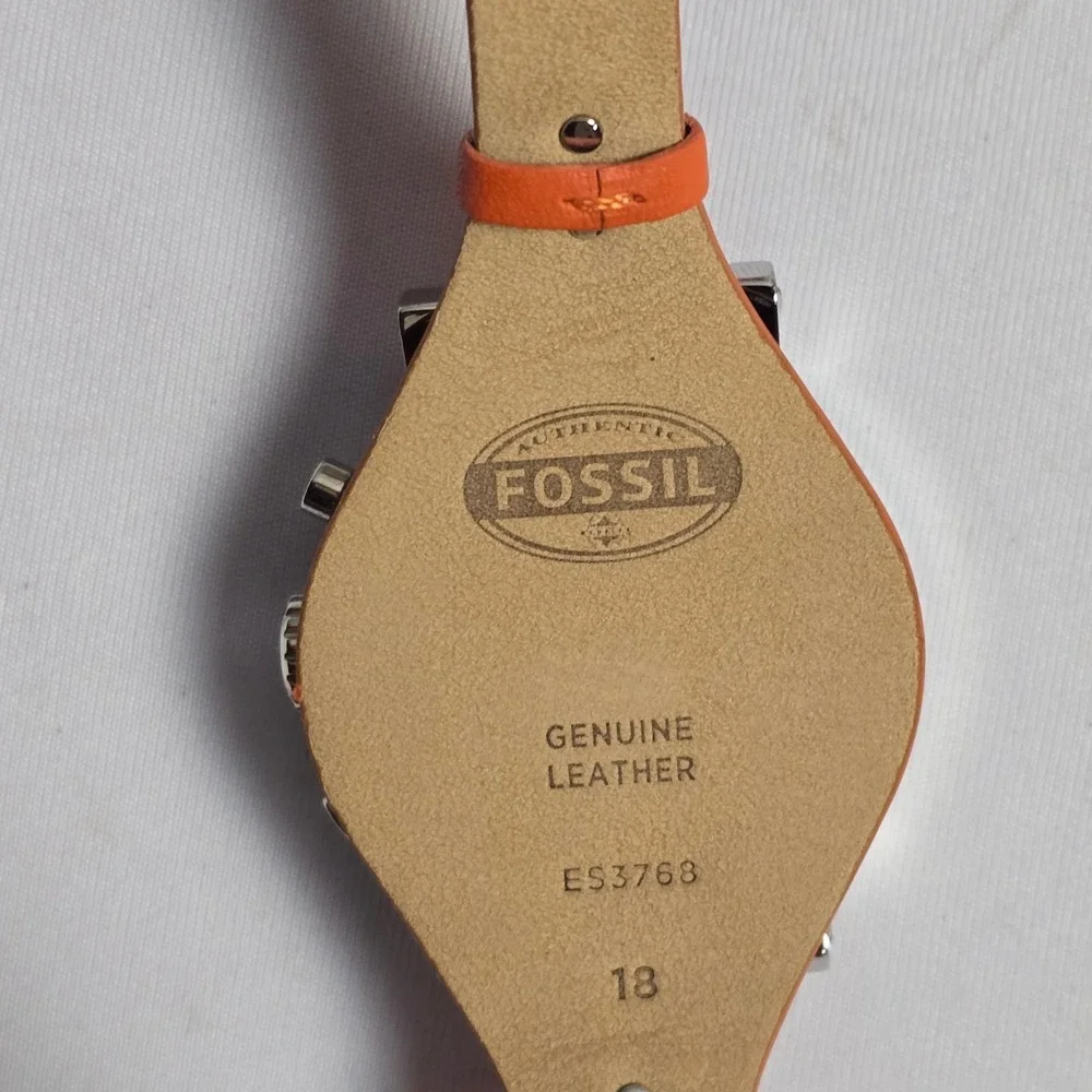 Fossil Del Rey Chronograph Orange Leather Cuff Watch ES3768 Silver Cream Dial